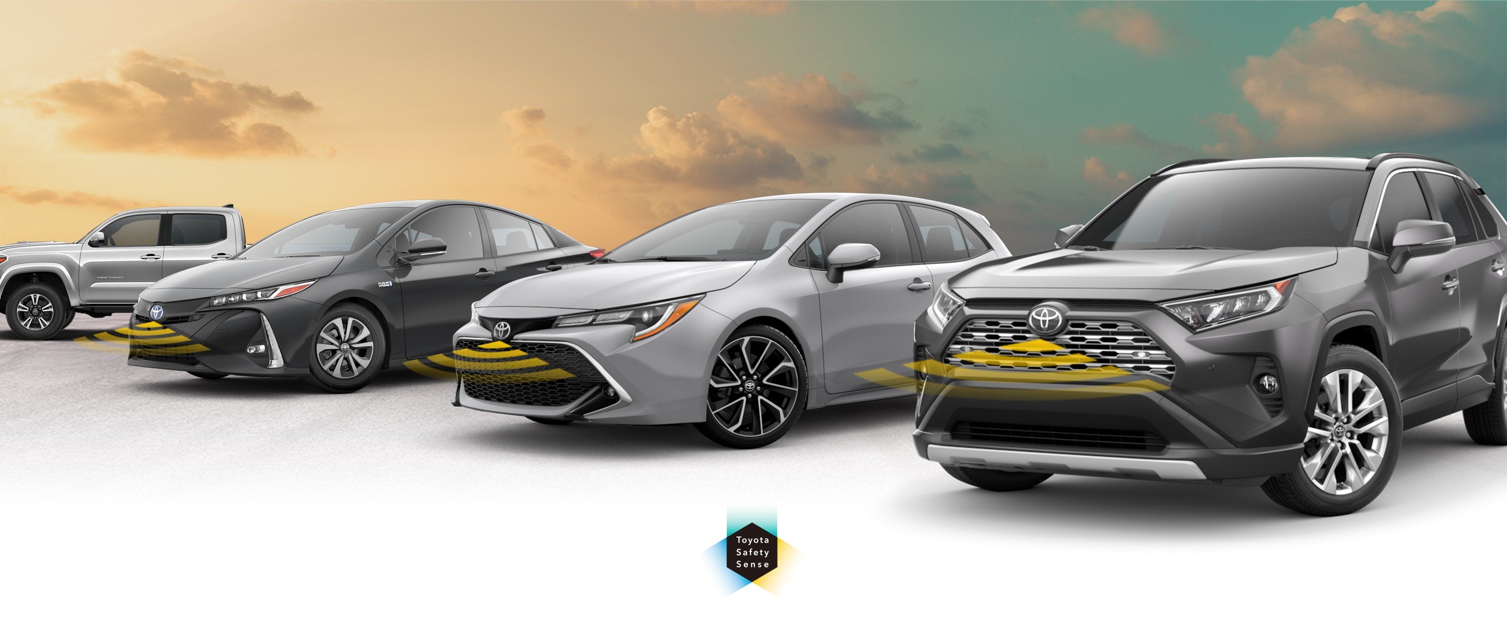 Toyota Safety Sense: Designed for Safety. Options shown on Toyota models including RAV4, Tacoma, and Camry, available now at Brownsville Toyota in Brownsville TX.