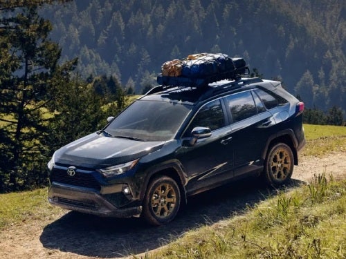 2025 Toyota RAV4 driving down a mountainside hauling bikes